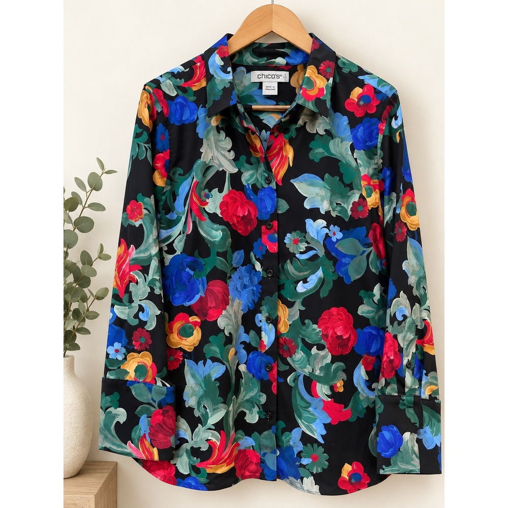 Chicos Floral Scroll Button Down Blouse Size 2 US 12 Long Sleeve Stretch Cotton